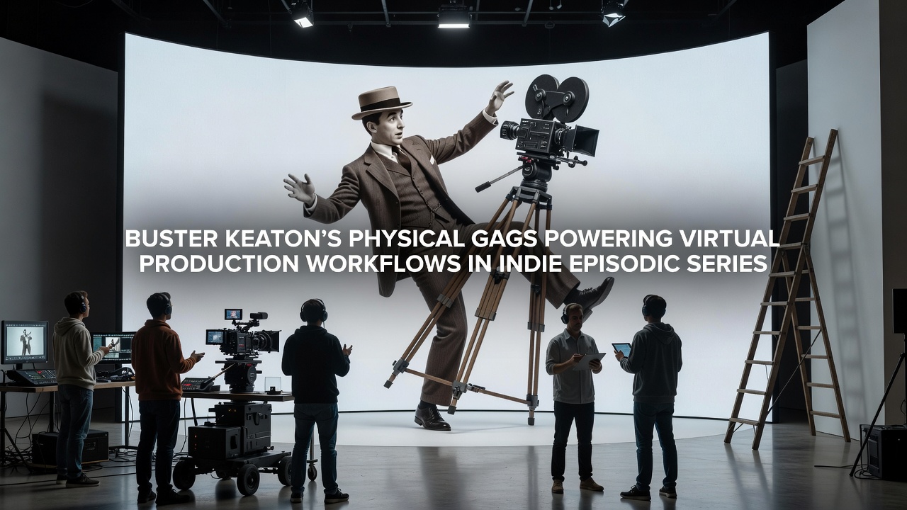 Virtual production stage with LED walls displaying vintage film style sets for physical comedy sequences